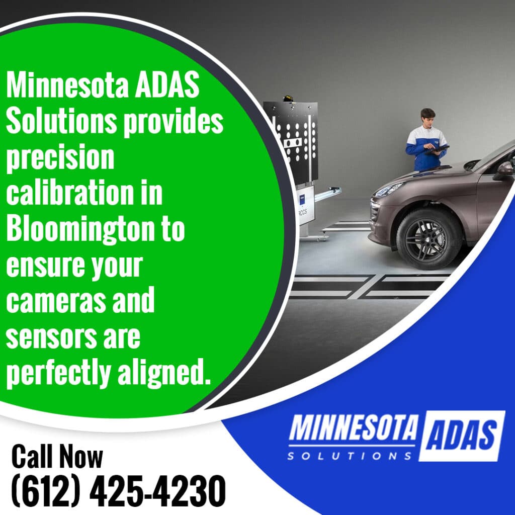 technician performing ADAS calibration on vehicle using alignment targets to ensure accurate sensor and camera positioning in Bloomington Minnesota