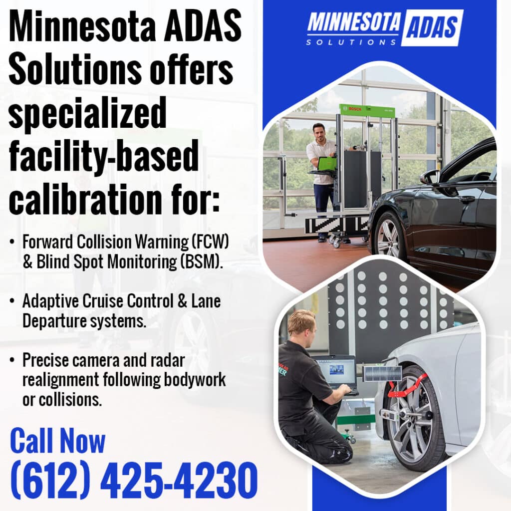 technician performing ADAS calibration including FCW BSM adaptive cruise control and lane departure systems using alignment equipment