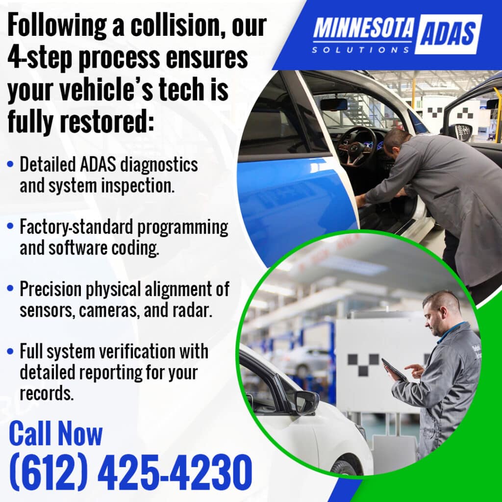 ADAS technician completing diagnostics, programming, and sensor calibration in a 4-step post-collision vehicle restoration process