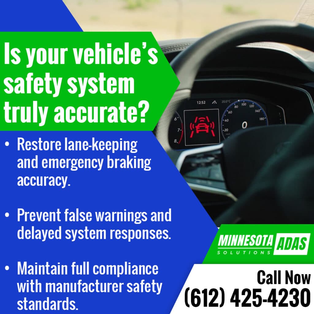 vehicle dashboard displaying ADAS warning system indicating need for calibration of lane keeping and emergency braking features