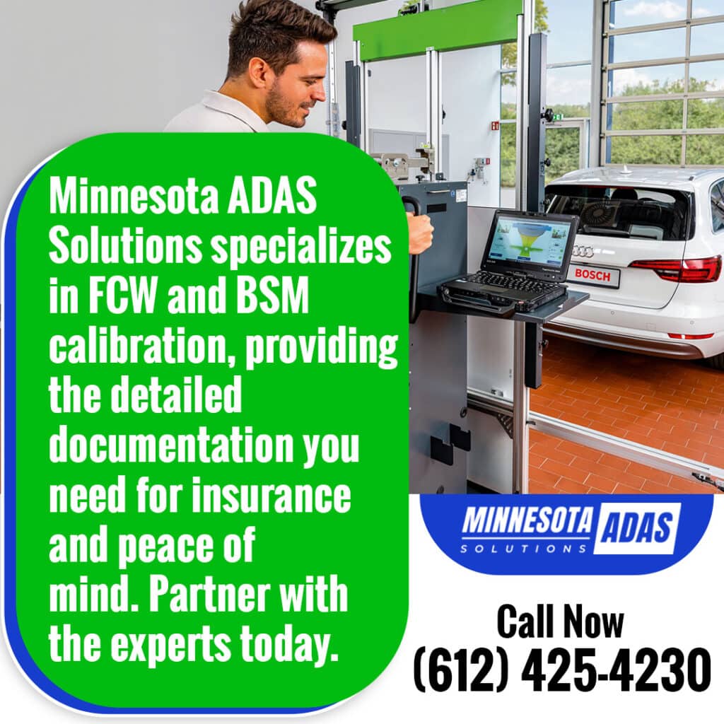 technician performing FCW and BSM calibration using ADAS diagnostic equipment to align vehicle sensors accurately