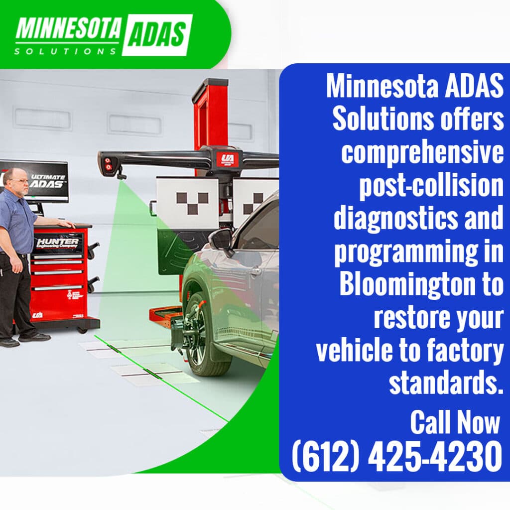 technician performing post-collision ADAS diagnostics and programming using calibration equipment to restore vehicle systems