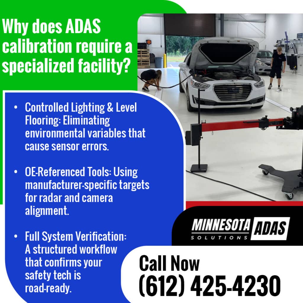 Interior of the Minnesota ADAS Solutions Bloomington calibration center with vehicles in a controlled environment for precise ADAS service