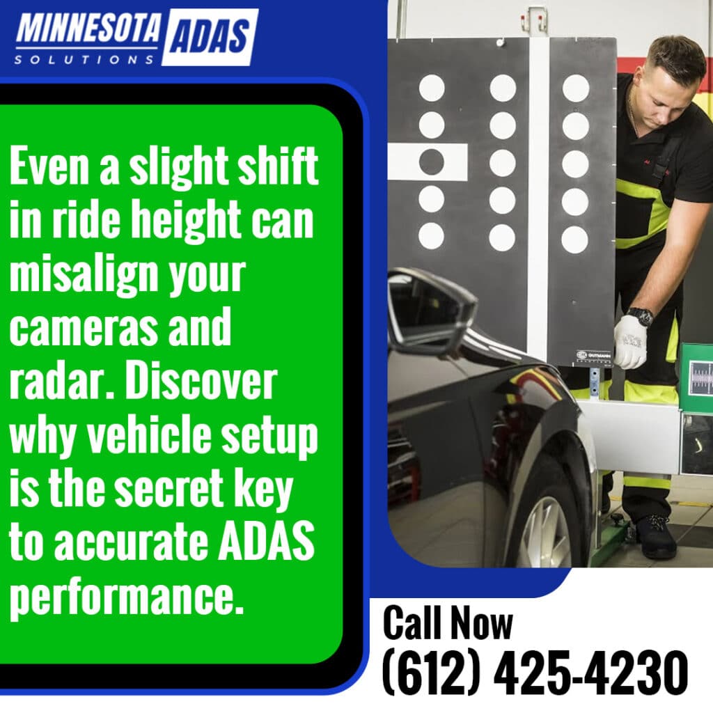 Technician setting up camera and radar calibration targets beside a vehicle at Minnesota ADAS Solutions