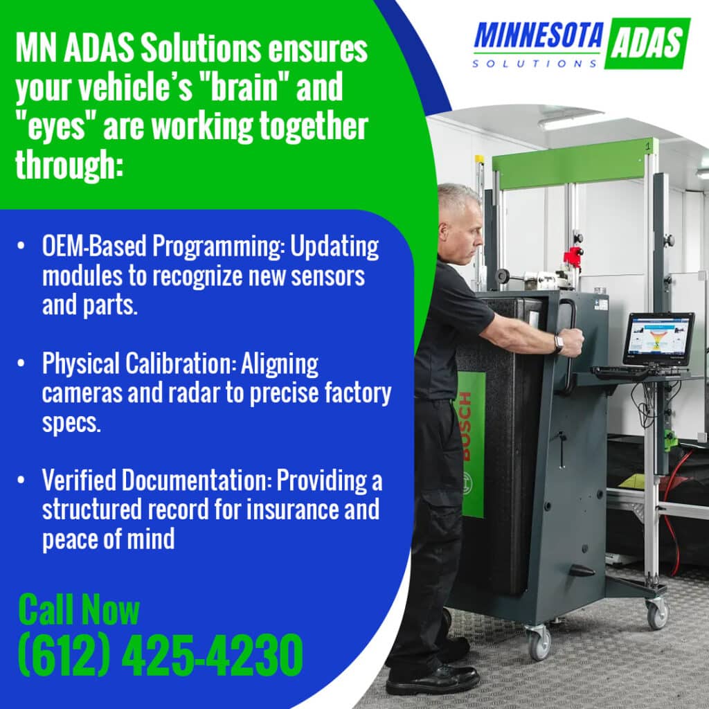 Technician performing OEM-based programming and physical ADAS calibration with Bosch equipment at Minnesota ADAS Solutions
