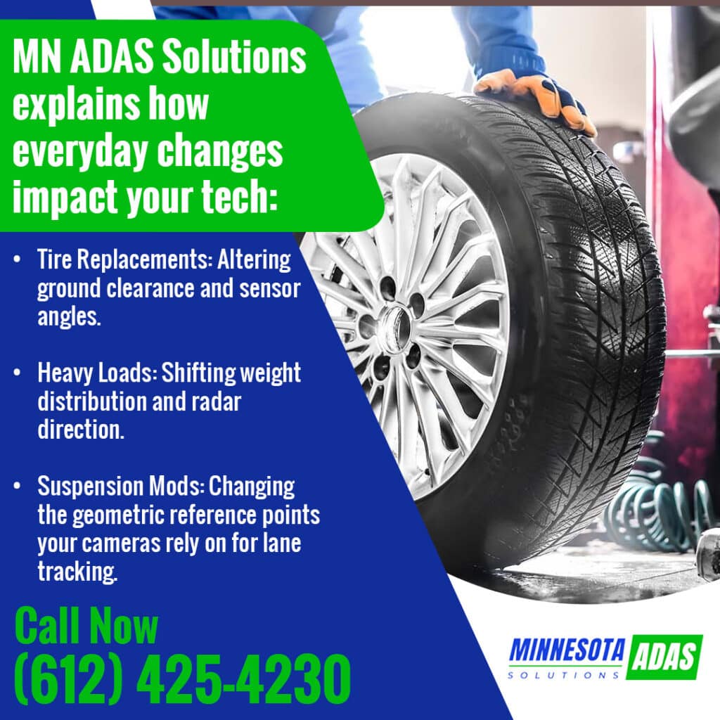 Vehicle tire replacement scene illustrating how ride height and wheel changes can affect ADAS calibration at Minnesota ADAS Solutions