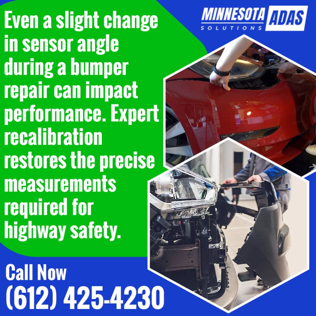 Minnesota ADAS Solutions recalibrating sensor alignment after bumper repair to restore precise measurements and maintain highway safety performance.