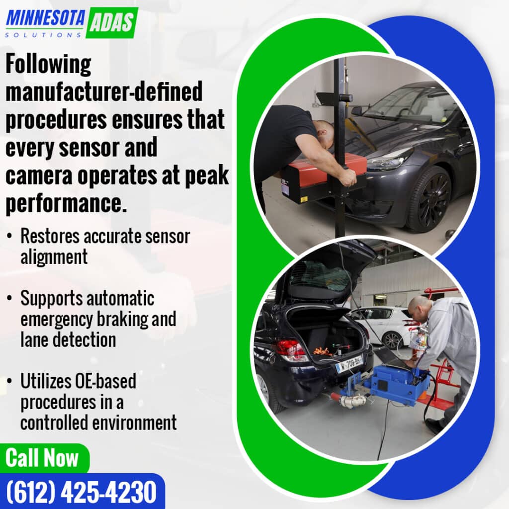 Minnesota ADAS Solutions following manufacturer-defined calibration procedures to restore sensor alignment, support emergency braking and lane detection, and verify camera performance.