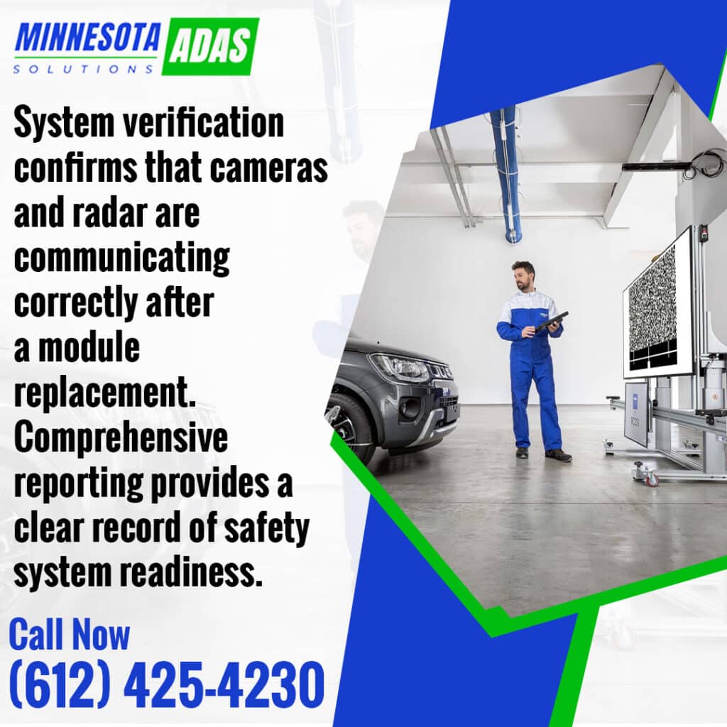 Minnesota ADAS Solutions performing system verification after module replacement to confirm camera and radar communication and document safety system readiness.