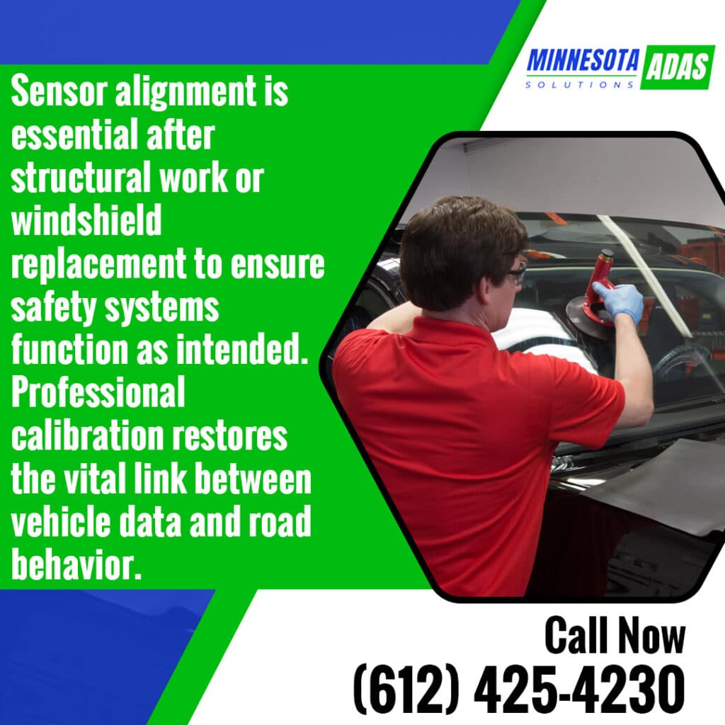 Minnesota ADAS Solutions sensor alignment service after windshield replacement or structural repair, restoring safety system calibration and proper camera performance.