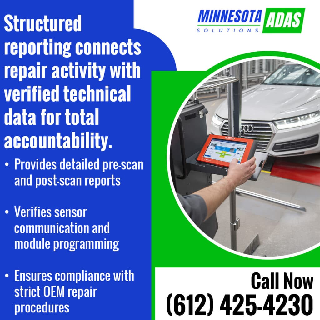 Minnesota ADAS Solutions using structured reporting with pre-scan and post-scan data to verify sensor communication, module programming, and OEM calibration compliance.