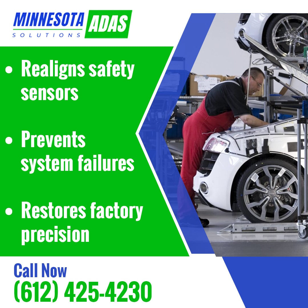 Professional auto technician in red overalls inspecting and calibrating front-end sensors on a white vehicle in a service bay.