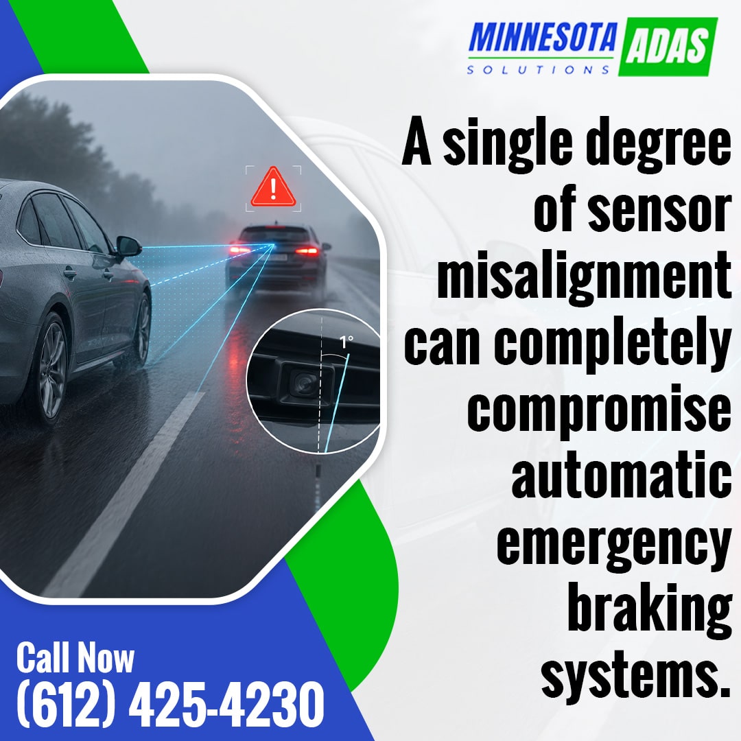 Vehicle driving on a wet road detecting an obstacle ahead with radar sensor overlay and an inset showing a 1-degree camera misalignment angle.