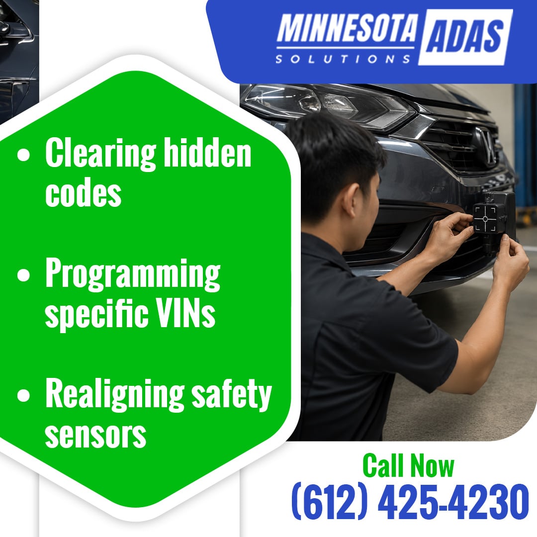 Automotive technician mounting and calibrating a front-bumper radar sensor unit on a dark gray car.