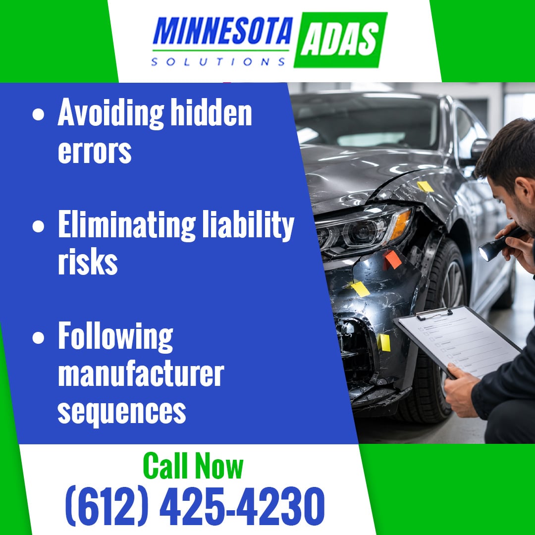 Auto technician using a flashlight and clipboard checklist to inspect front bumper damage and sensor markers on a car.