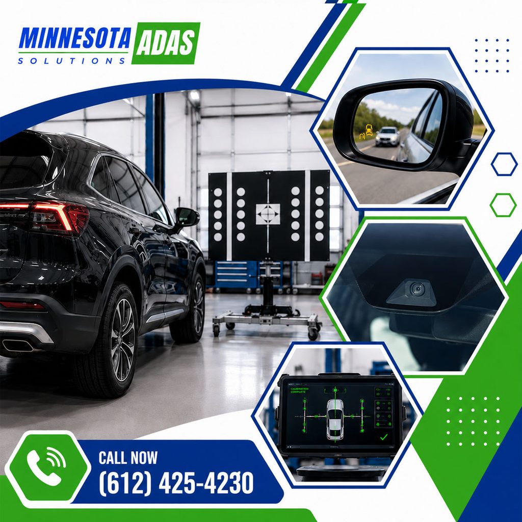 A multi-panel graphic displaying an SUV facing an ADAS calibration board, alongside side mirror blind-spot monitoring, a windshield camera, and a complete system calibration screen.