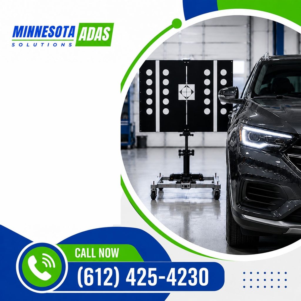 A specialized optical ADAS calibration target board mounted on a rolling alignment stand in front of a modern SUV in a shop bay.