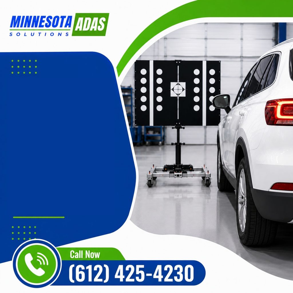 A white SUV positioned in an auto service bay facing an optical ADAS calibration target stand with open promotional space and contact details.