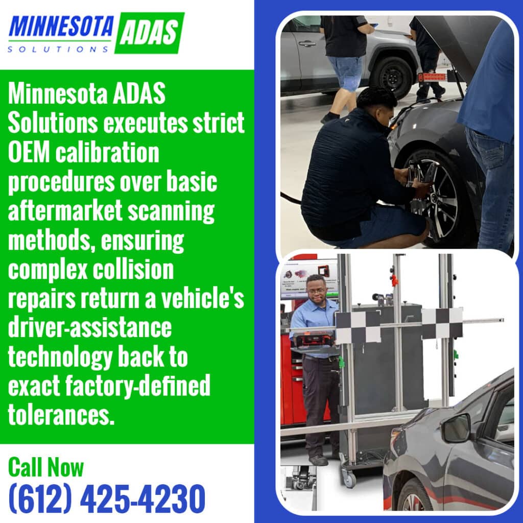 A split view showing a technician attaching alignment hardware to a car wheel alongside a technician positioning an ADAS target board frame in front of a vehicle.