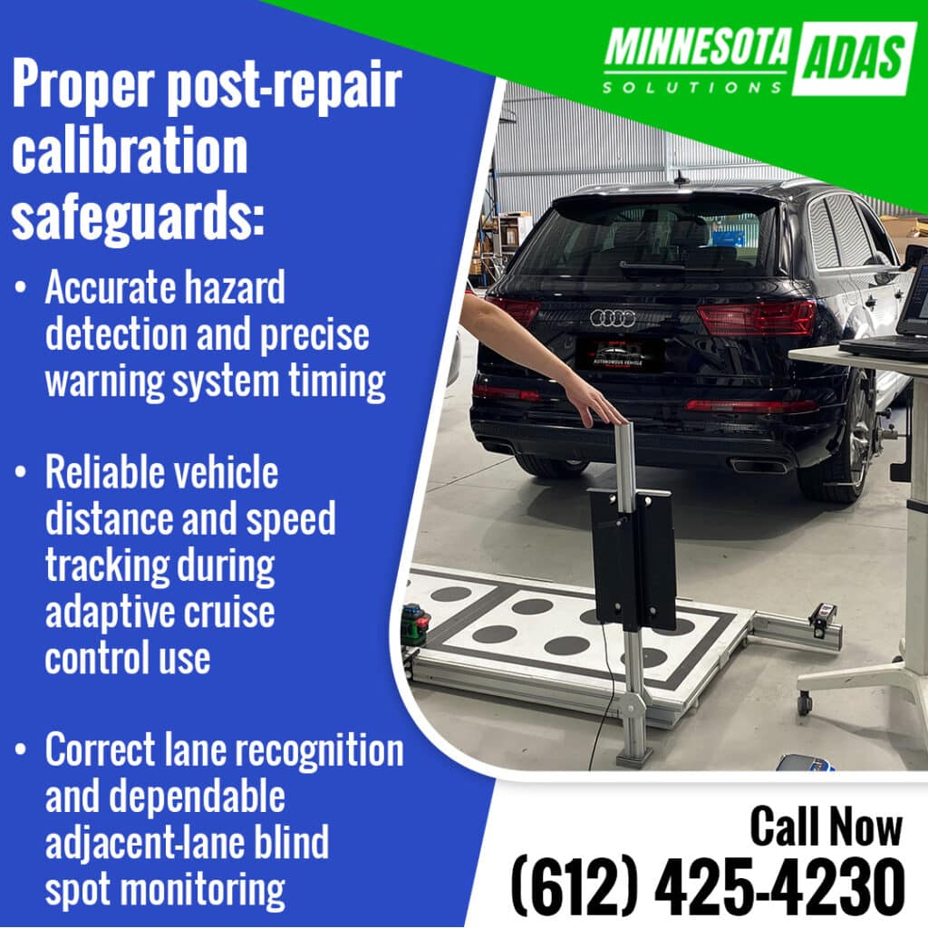 A technician aligning a floor-mounted ADAS calibration target system in front of a black Audi SUV alongside bullet points on post-repair safety features.