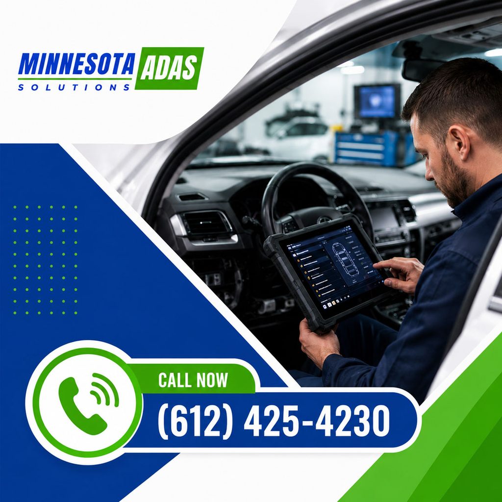 An automotive technician using a handheld diagnostic tablet inside a vehicle cabin to run system scans and calibration diagnostics.
