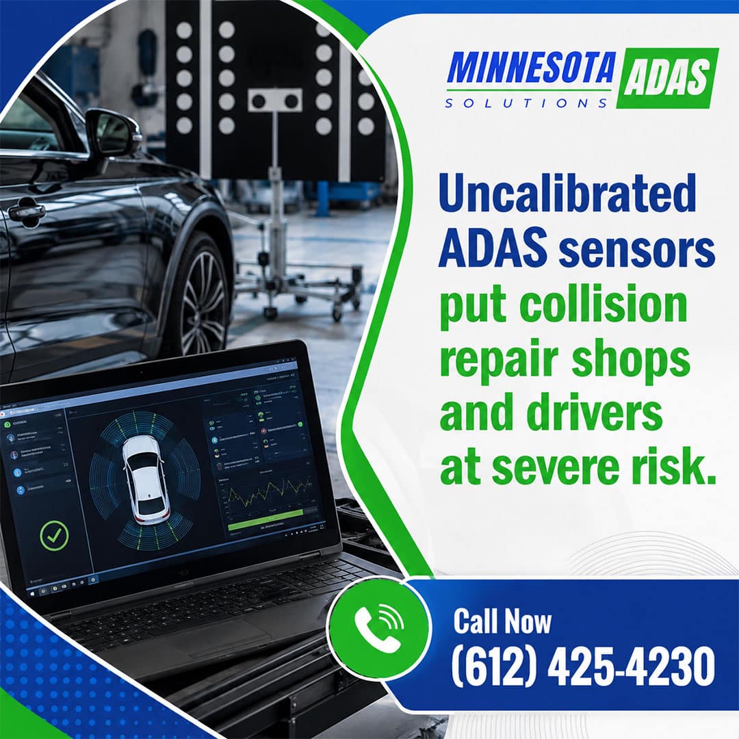 : Laptop screen displaying automotive diagnostic software with a vehicle sensor graphic, positioned in front of a car set up before ADAS calibration target boards in an auto repair shop.