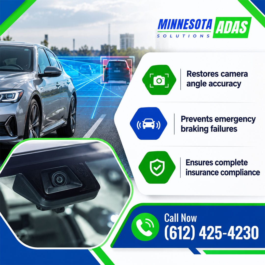 Car driving on a highway with forward collision radar sensing overlays, accompanied by an inset of a windshield forward-facing camera and three benefit icons.