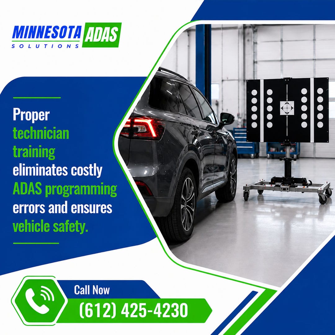 Dark SUV positioned inside an automotive service bay facing an ADAS calibration target board on a rolling stand.