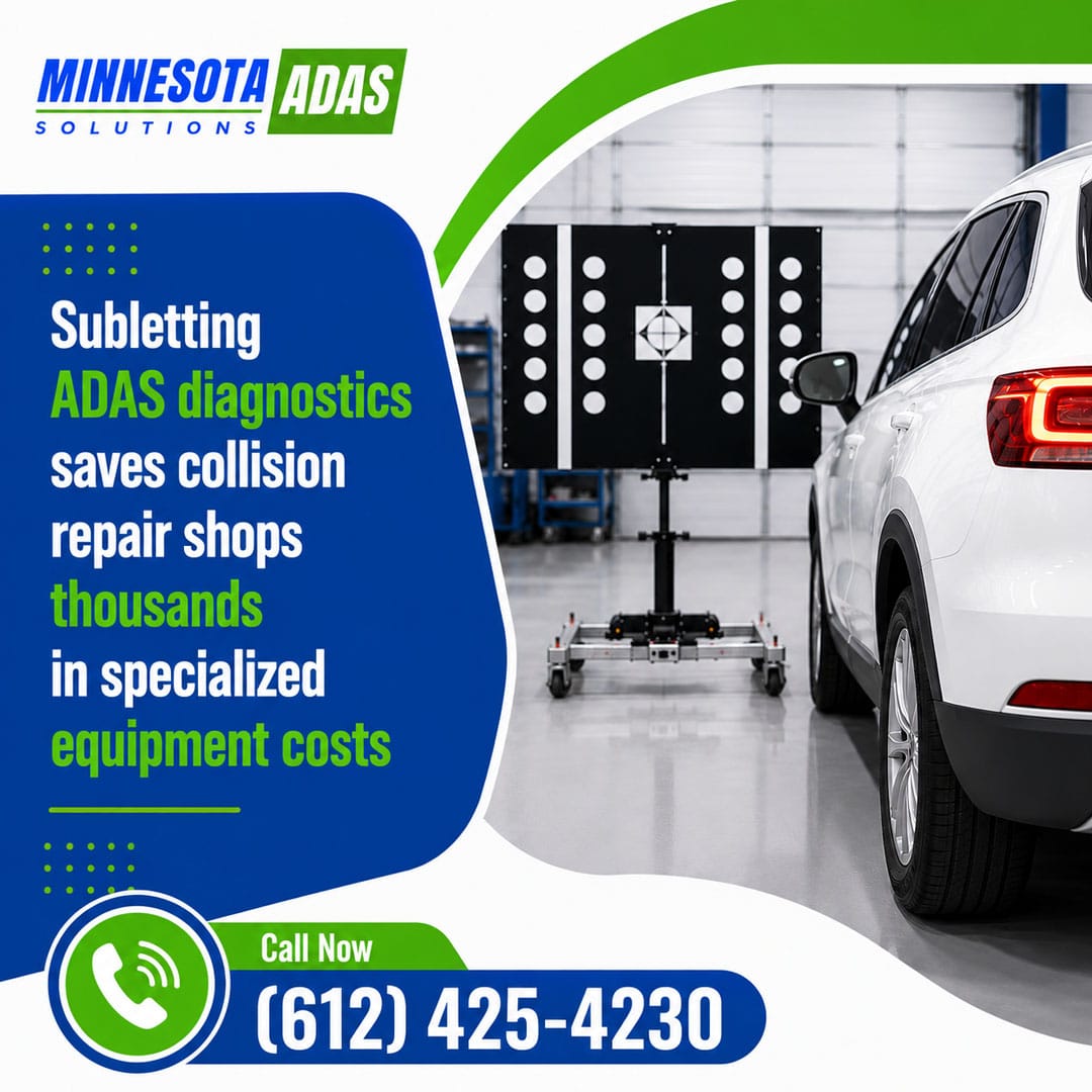 White SUV positioned in front of an ADAS calibration target board stand on wheels inside an automotive service workshop.