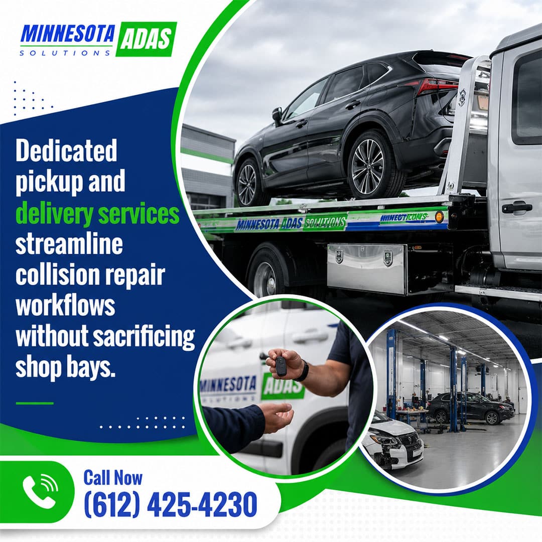 Minnesota ADAS Solutions branded flatbed tow truck transporting a black SUV, paired with circular insets showing a technician handing over vehicle keys and an active collision repair shop floor.