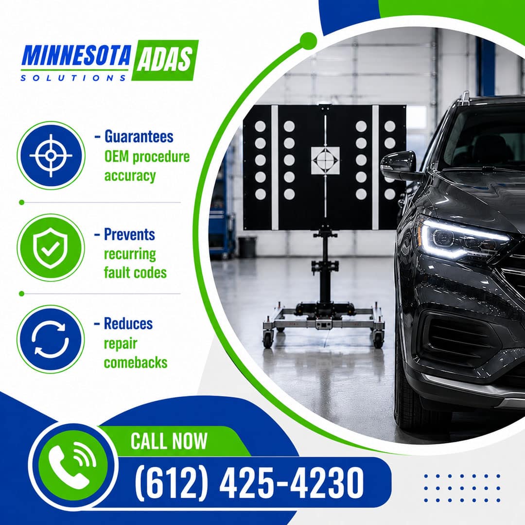 Front headlight and bumper of a dark SUV aligned in front of an ADAS target calibration board stand in a modern repair facility.