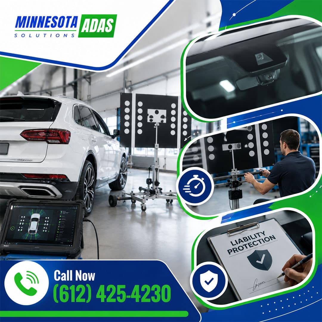 White SUV set up with ADAS calibration targets and a diagnostic tablet, accompanied by insets of a windshield forward camera, a technician positioning calibration panels, and signed liability protection documentation.