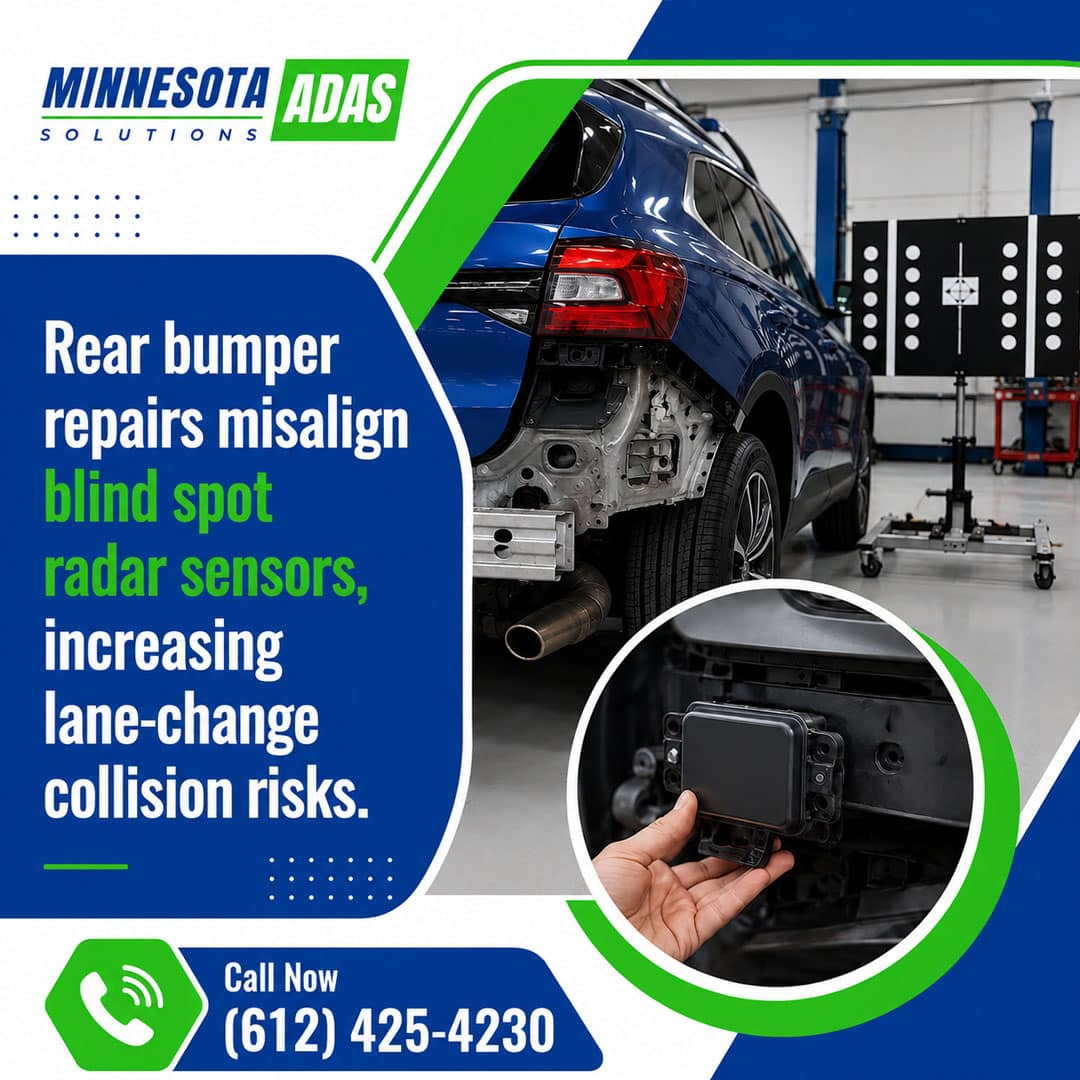 Blue SUV with the rear bumper cover removed parked in front of ADAS radar calibration target boards, featuring a circular inset of a technician inspecting a blind spot radar sensor module.