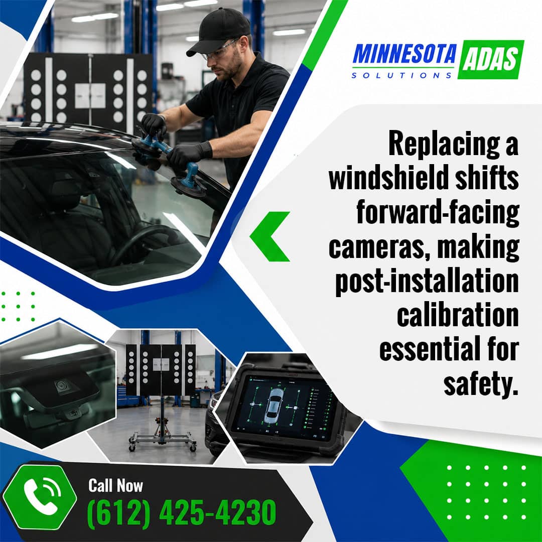 Auto glass technician installing a new vehicle windshield using suction cups, accompanied by insets of a windshield-mounted forward-facing camera, ADAS target board panels, and a diagnostic scanning tablet.