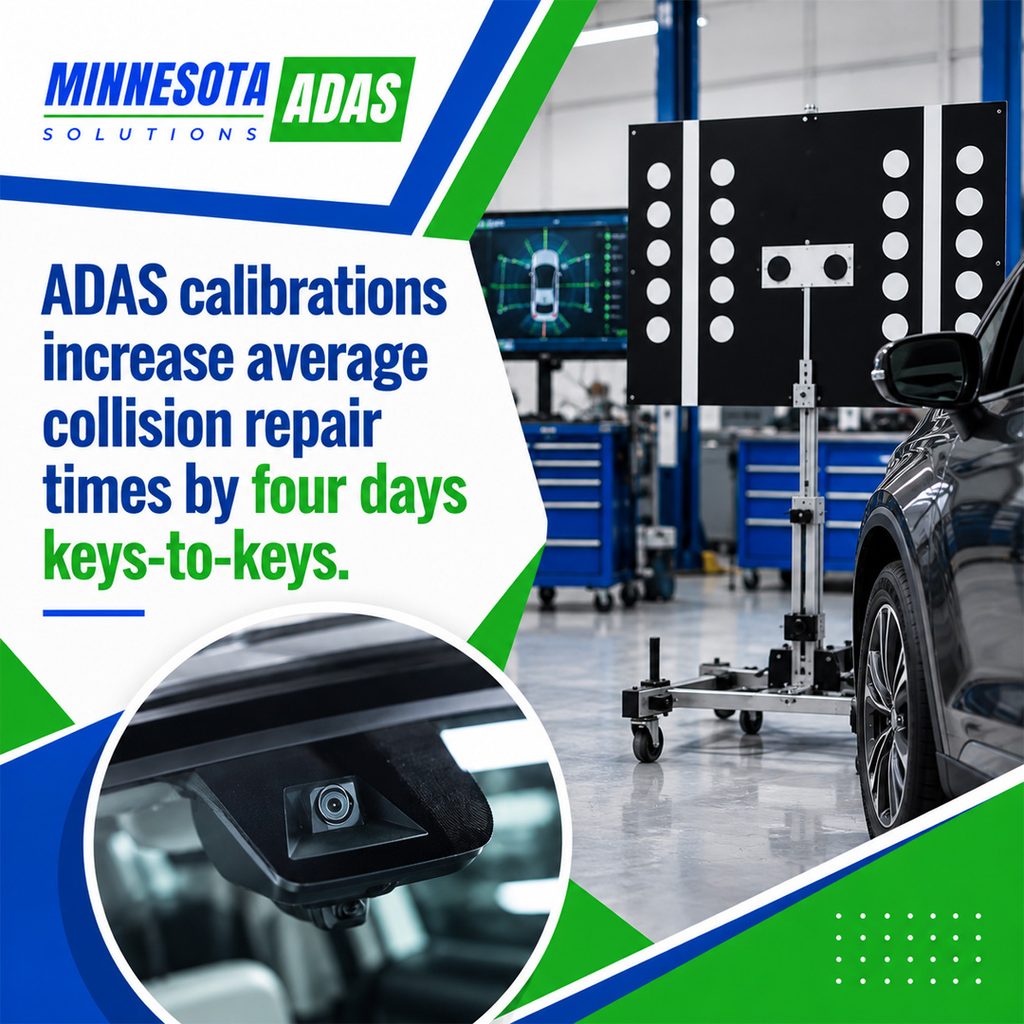 A vehicle parked in front of an ADAS target calibration frame with a close-up inset of a front-facing windshield camera, featuring text highlighting that ADAS calibrations increase average collision repair times by four days keys-to-keys, branded for Minnesota ADAS Solutions.