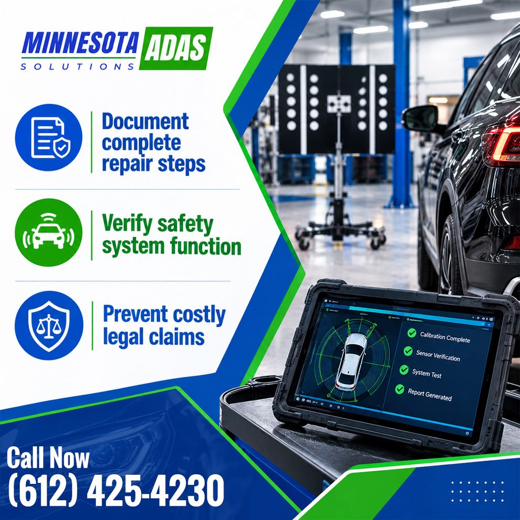 A diagnostic scan tablet displaying completed calibration verification checks in an auto body bay, alongside icons highlighting steps to document complete repair steps, verify safety system function, and prevent costly legal claims for Minnesota ADAS Solutions.