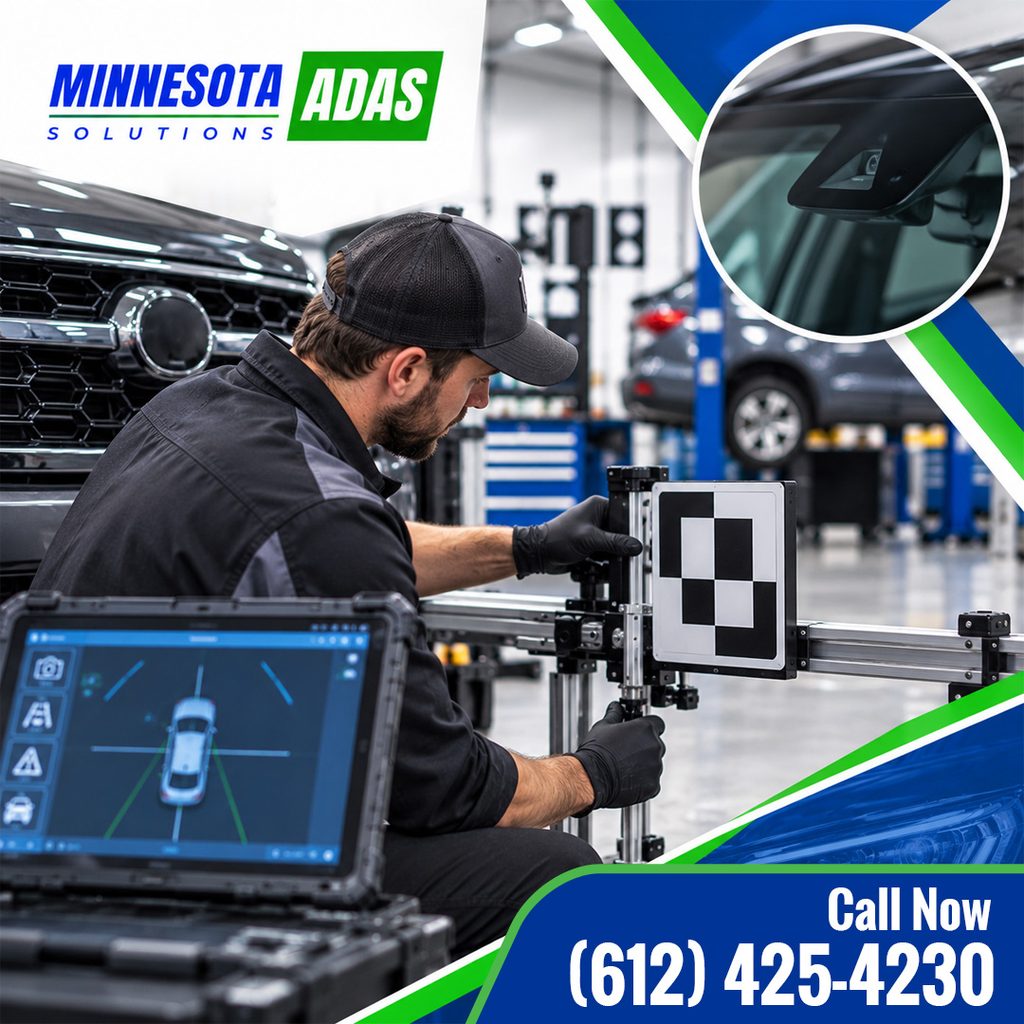 A technician precisely positioning a checkerboard target calibration frame on a vehicle front bumper with a close-up inset of a windshield-mounted sensor, branded for Minnesota ADAS Solutions.