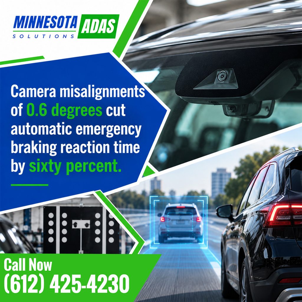 Close-up of a windshield ADAS camera module next to graphics of a car driving with distance sensors and target calibration boards, stating that camera misalignments of 0.6 degrees cut automatic emergency braking reaction time by sixty percent, branded for Minnesota ADAS Solutions.