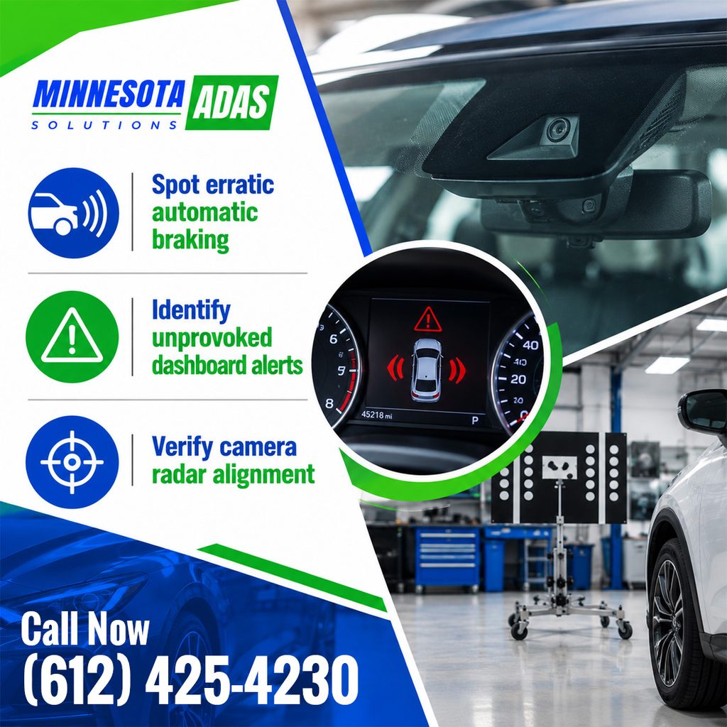 A windshield ADAS camera and dashboard display showing collision warning alerts next to a target calibration stand in an auto shop, with benefit icons to spot erratic automatic braking, identify unprovoked dashboard alerts, and verify camera radar alignment at Minnesota ADAS Solutions.