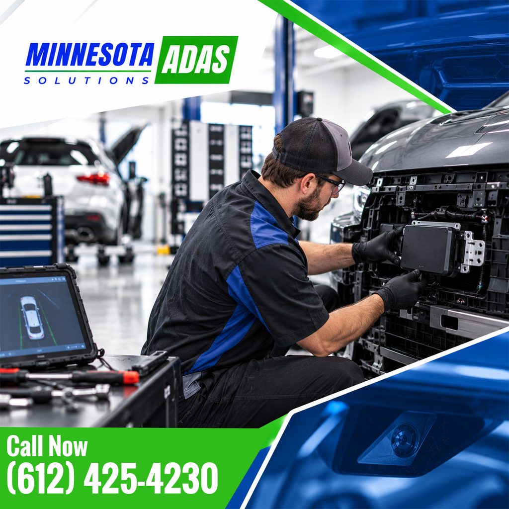 An auto technician servicing front bumper radar sensors on a vehicle with a diagnostic tablet nearby at Minnesota ADAS Solutions.