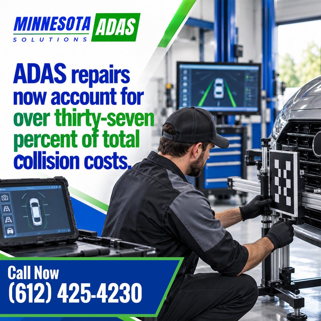 An auto technician in a workshop setting up a target calibration board in front of a vehicle with a diagnostic tablet nearby, accompanied by text stating that ADAS repairs now account for over thirty-seven percent of total collision costs, branded for Minnesota ADAS Solutions.