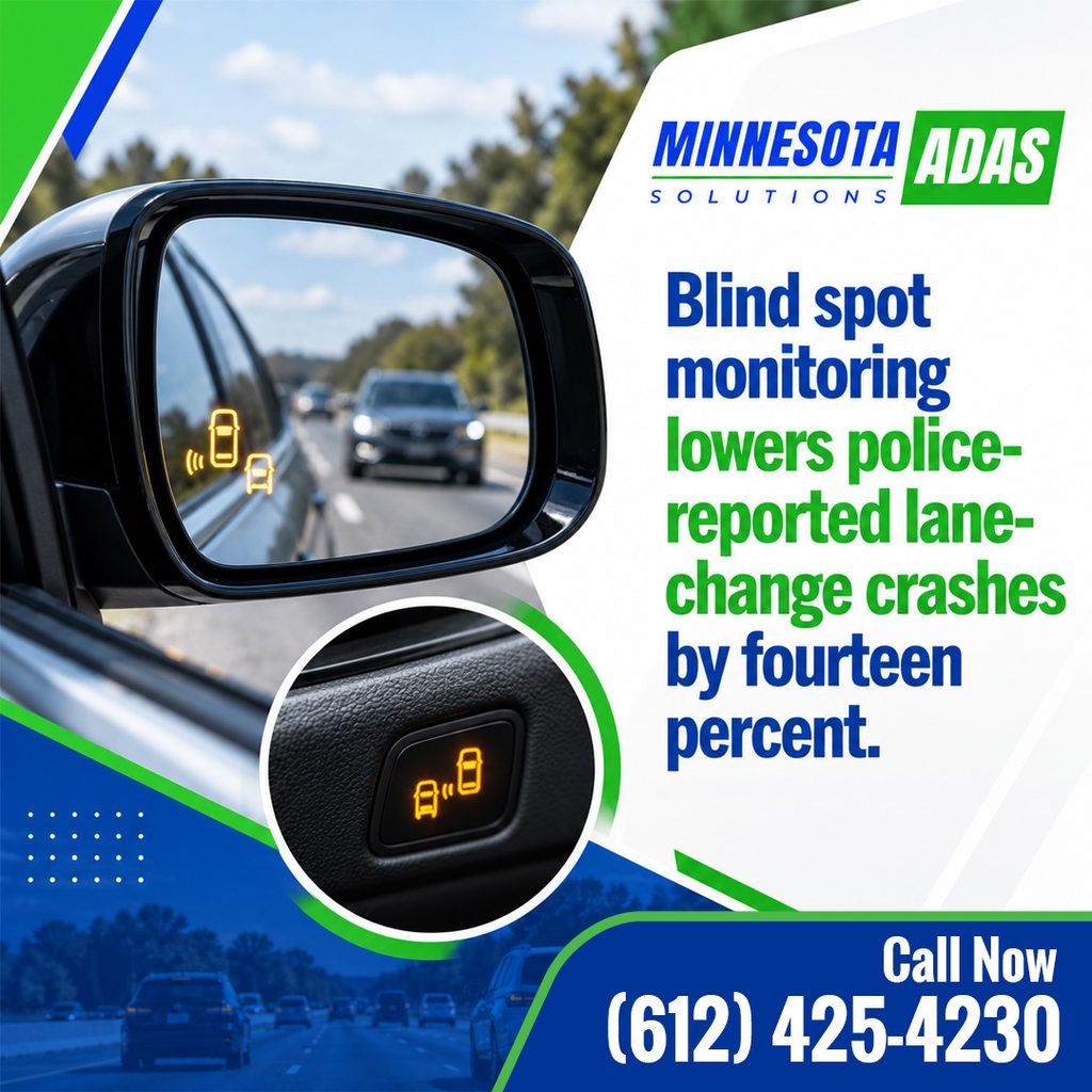Side view mirror showing a illuminated blind spot monitoring warning icon with a trailing vehicle on the highway, accompanied by text stating that blind spot monitoring lowers police-reported lane-change crashes by fourteen percent, branded for Minnesota ADAS Solutions.