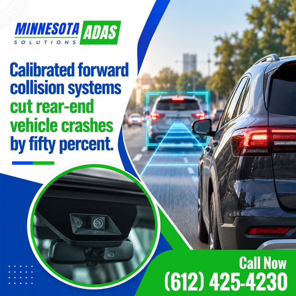 A vehicle on a highway using forward collision warning sensors behind a lead car with an inset showing a windshield-mounted ADAS camera, featuring text stating that calibrated forward collision systems cut rear-end vehicle crashes by fifty percent, branded for Minnesota ADAS Solutions.