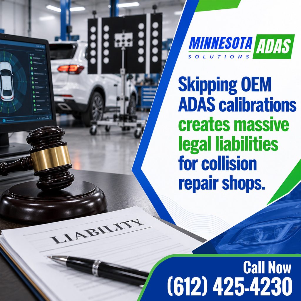 A judge's gavel on top of liability document papers in front of an ADAS calibration shop setup, with overlay text warning that skipping OEM ADAS calibrations creates massive legal liabilities for collision repair shops, branded for Minnesota ADAS Solutions.