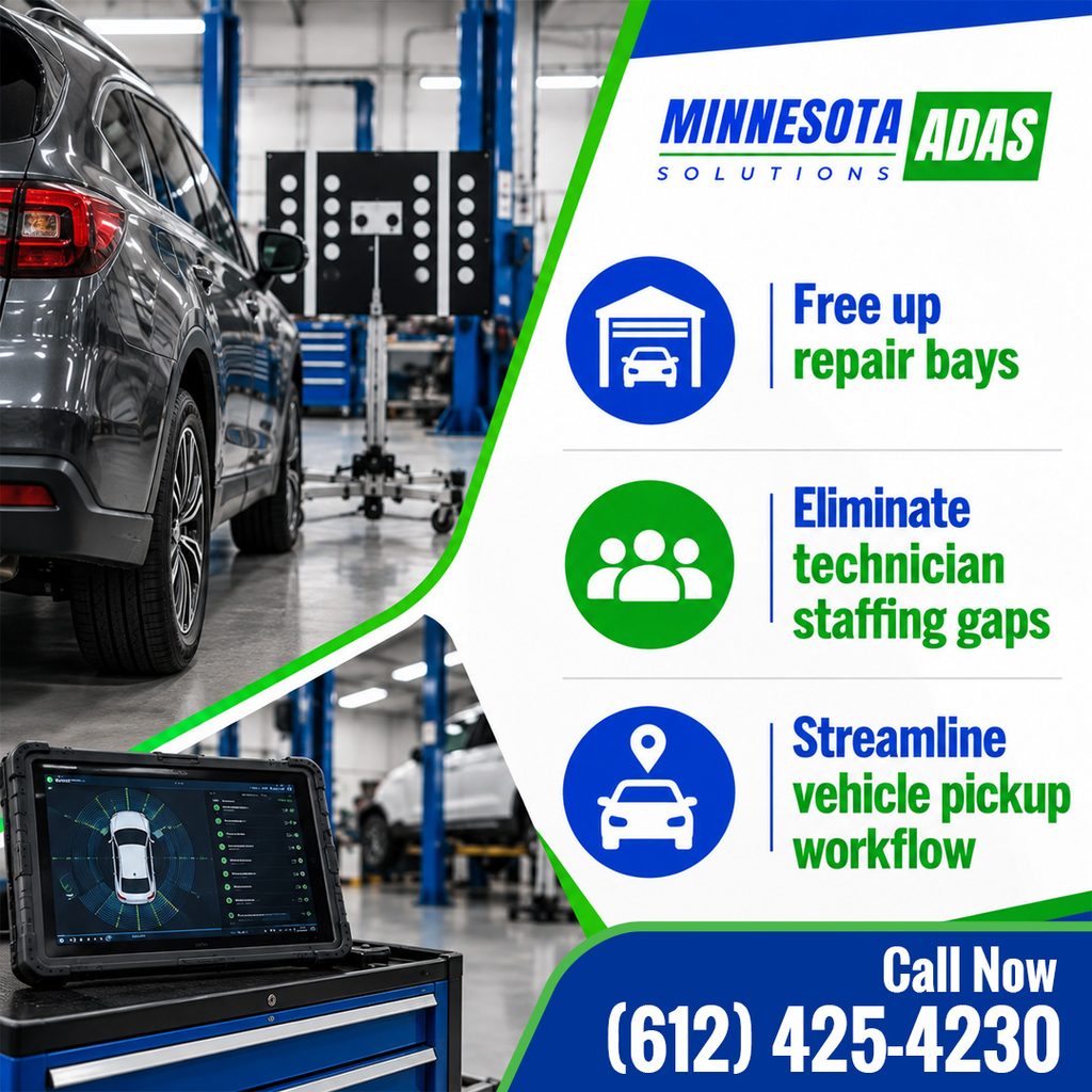 A car set up for sensor calibration next to a diagnostic scan tablet, accompanied by icons emphasizing benefits to free up repair bays, eliminate technician staffing gaps, and streamline vehicle pickup workflow at Minnesota ADAS Solutions.