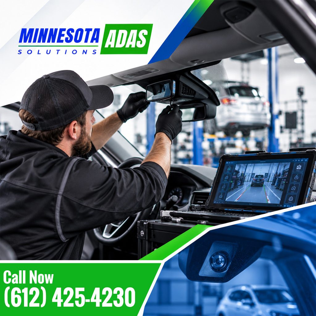 An auto technician adjusting a rearview mirror mounted camera module inside a vehicle while monitoring a diagnostic alignment screen, branded for Minnesota ADAS Solutions.